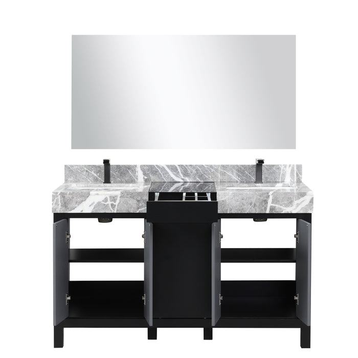 Lexora Zilara 55" Black and Grey Double Vanity, Castle Grey Marble Tops, White Square Sinks, Balzani Gun Metal Faucet Sets, and 53" Frameless Mirror - LZ342255SLISM53FBG