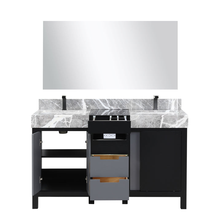 Lexora Zilara 55" Black and Grey Double Vanity, Castle Grey Marble Tops, White Square Sinks, Balzani Gun Metal Faucet Sets, and 53" Frameless Mirror - LZ342255SLISM53FBG