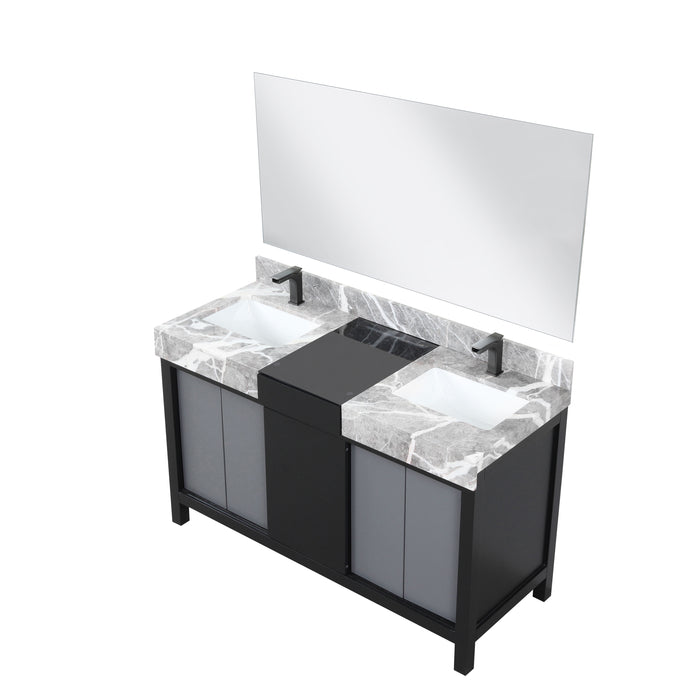 Lexora Zilara 55" Black and Grey Double Vanity, Castle Grey Marble Tops, White Square Sinks, Balzani Gun Metal Faucet Sets, and 53" Frameless Mirror - LZ342255SLISM53FBG