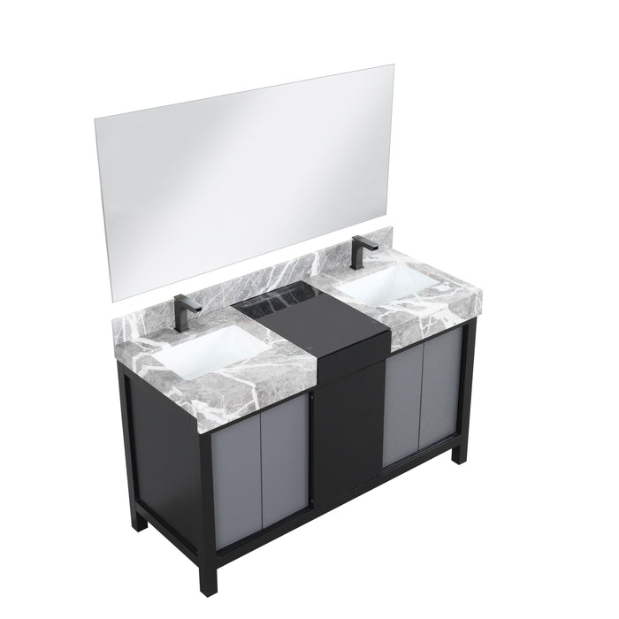 Lexora Zilara 55" Black and Grey Double Vanity, Castle Grey Marble Tops, White Square Sinks, Balzani Gun Metal Faucet Sets, and 53" Frameless Mirror - LZ342255SLISM53FBG