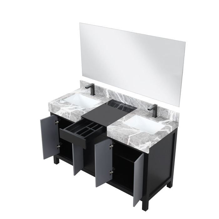 Lexora Zilara 55" Black and Grey Double Vanity, Castle Grey Marble Tops, White Square Sinks, Balzani Gun Metal Faucet Sets, and 53" Frameless Mirror - LZ342255SLISM53FBG