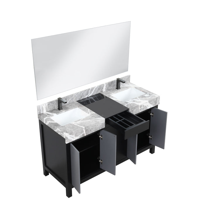 Lexora Zilara 55" Black and Grey Double Vanity, Castle Grey Marble Tops, White Square Sinks, Balzani Gun Metal Faucet Sets, and 53" Frameless Mirror - LZ342255SLISM53FBG