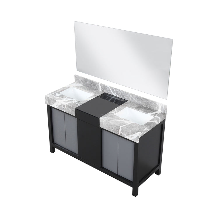 Lexora Zilara 55" Black and Grey Double Vanity, Castle Grey Marble Tops, White Square Sinks, and 53" Frameless Mirror - LZ342255SLISM53