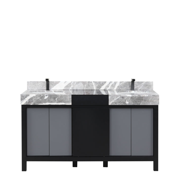 Lexora Zilara 60" Black and Grey Double Vanity, Castle Grey Marble Tops, White Square Sinks, and Balzani Gun Metal Faucet Set - LZ342260DLISFBG