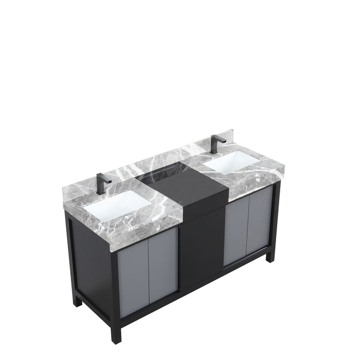 Lexora Zilara 60" Black and Grey Double Vanity, Castle Grey Marble Tops, White Square Sinks, and Balzani Gun Metal Faucet Set - LZ342260DLISFBG