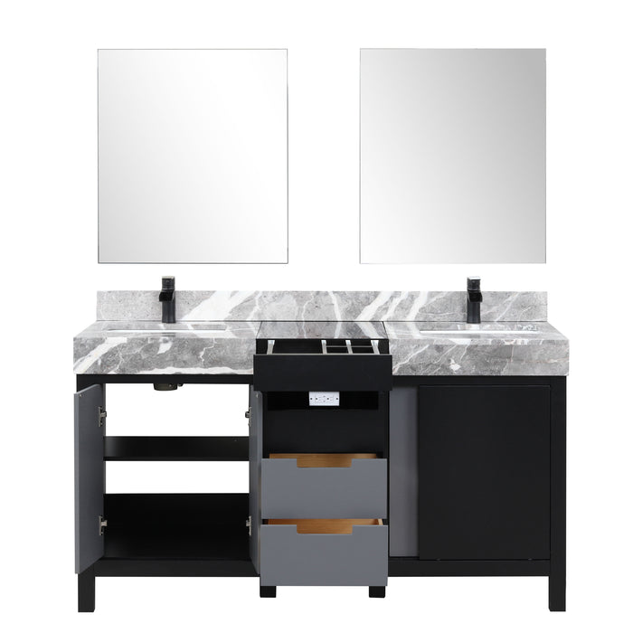 Lexora Zilara 60" Black and Grey Double Vanity, Castle Grey Marble Tops, White Square Sinks, Balzani Gun Metal Faucet Set, and 28" Frameless Mirrors - LZ342260DLISM28FBG