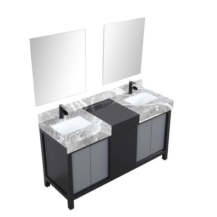 Lexora Zilara 60" Black and Grey Double Vanity, Castle Grey Marble Tops, White Square Sinks, Balzani Gun Metal Faucet Set, and 28" Frameless Mirrors - LZ342260DLISM28FBG