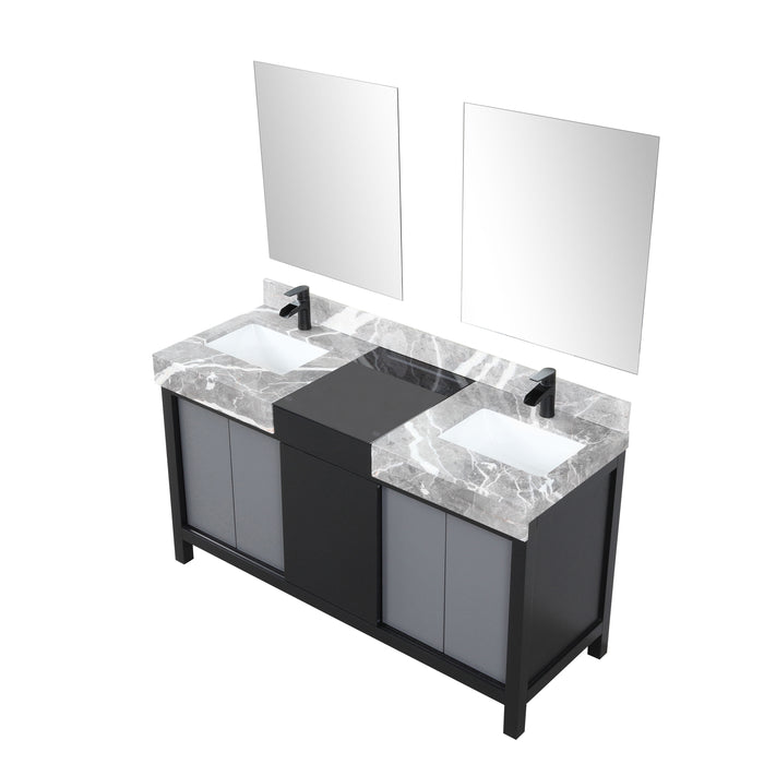 Lexora Zilara 60" Black and Grey Double Vanity, Castle Grey Marble Tops, White Square Sinks, Balzani Gun Metal Faucet Set, and 28" Frameless Mirrors - LZ342260DLISM28FBG