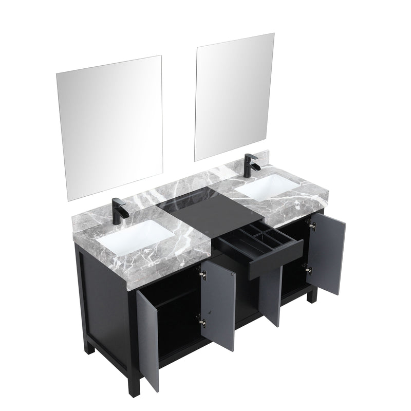 Lexora Zilara 60" Black and Grey Double Vanity, Castle Grey Marble Tops, White Square Sinks, Balzani Gun Metal Faucet Set, and 28" Frameless Mirrors - LZ342260DLISM28FBG