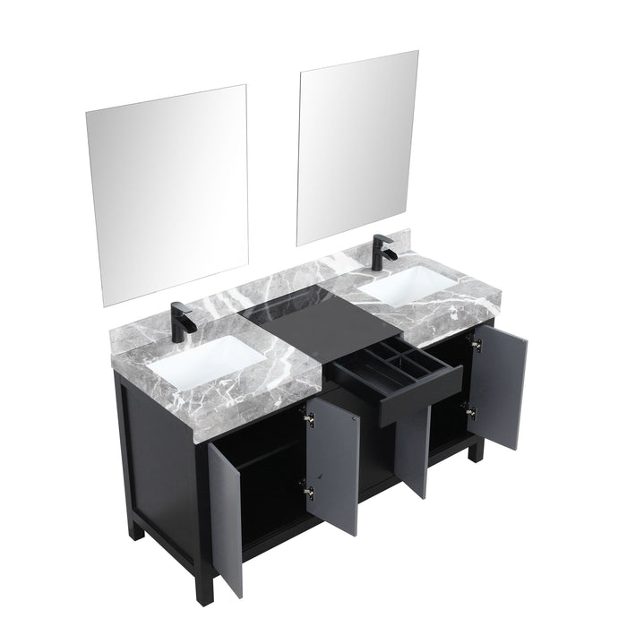 Lexora Zilara 60" Black and Grey Double Vanity, Castle Grey Marble Tops, White Square Sinks, Balzani Gun Metal Faucet Set, and 28" Frameless Mirrors - LZ342260DLISM28FBG