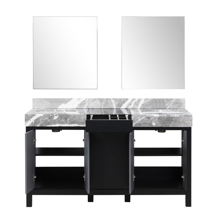 Lexora Zilara 60" Black and Grey Double Vanity, Castle Grey Marble Tops, White Square Sinks, and 28" Frameless Mirrors - LZ342260DLISM28