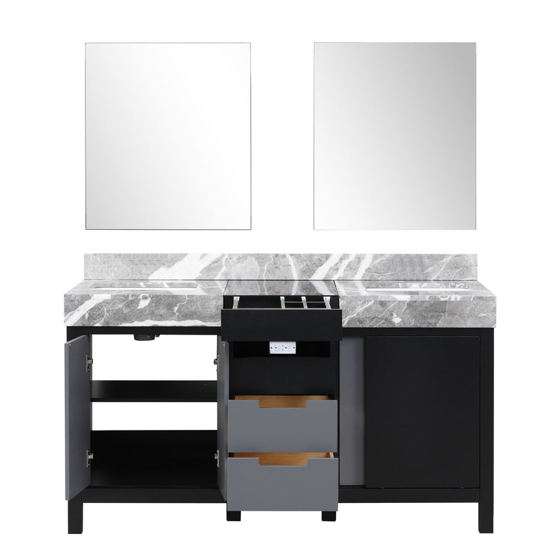 Lexora Zilara 60" Black and Grey Double Vanity, Castle Grey Marble Tops, White Square Sinks, and 28" Frameless Mirrors - LZ342260DLISM28