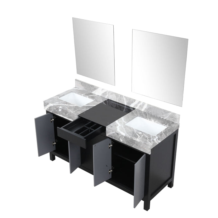 Lexora Zilara 60" Black and Grey Double Vanity, Castle Grey Marble Tops, White Square Sinks, and 28" Frameless Mirrors - LZ342260DLISM28