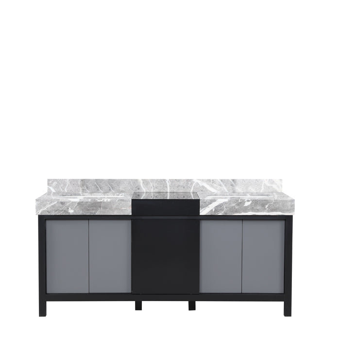 Lexora Zilara 72" Black and Grey Double Vanity, Castle Grey Marble Tops, and White Square Sinks - LZ342272DLIS000