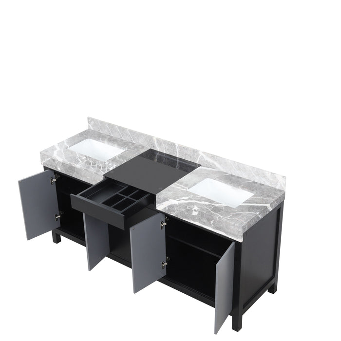 Lexora Zilara 72" Black and Grey Double Vanity, Castle Grey Marble Tops, and White Square Sinks - LZ342272DLIS000