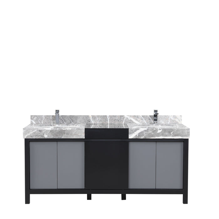 Lexora Zilara 72" Black and Grey Double Vanity, Castle Grey Marble Tops, White Square Sinks, and Balzani Gun Metal Faucet Set - LZ342272DLISFBG