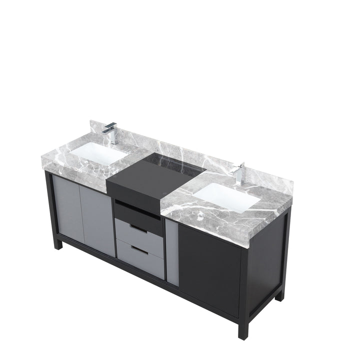 Lexora Zilara 72" Black and Grey Double Vanity, Castle Grey Marble Tops, White Square Sinks, and Balzani Gun Metal Faucet Set - LZ342272DLISFBG