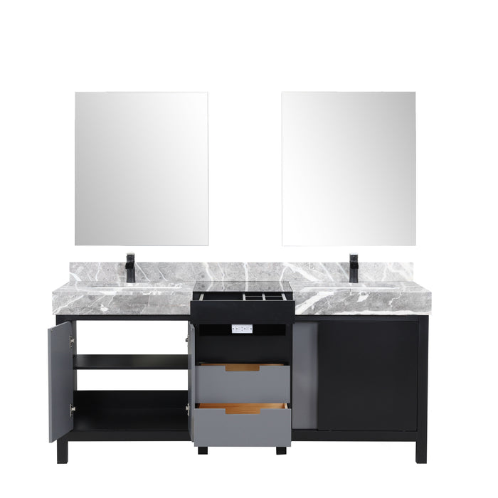 Lexora Zilara 72" Black and Grey Double Vanity, Castle Grey Marble Tops, White Square Sinks, Balzani Gun Metal Faucet Set, and 28" Frameless Mirrors - LZ342272DLISM28FBG