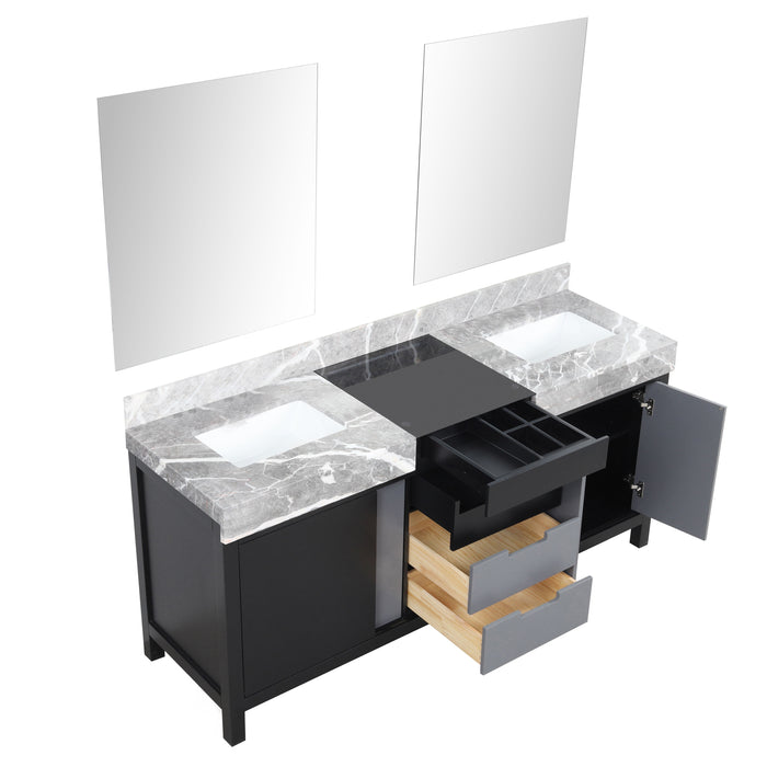 Lexora Zilara 72" Black and Grey Double Vanity, Castle Grey Marble Tops, White Square Sinks, and 28" Frameless Mirrors - LZ342272DLISM28