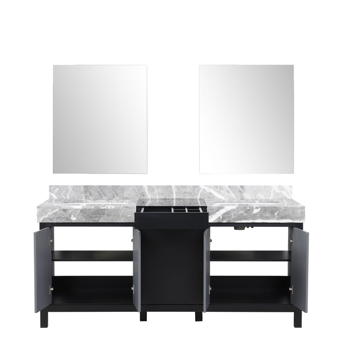 Lexora Zilara 72" Black and Grey Double Vanity, Castle Grey Marble Tops, White Square Sinks, and 28" Frameless Mirrors - LZ342272DLISM28