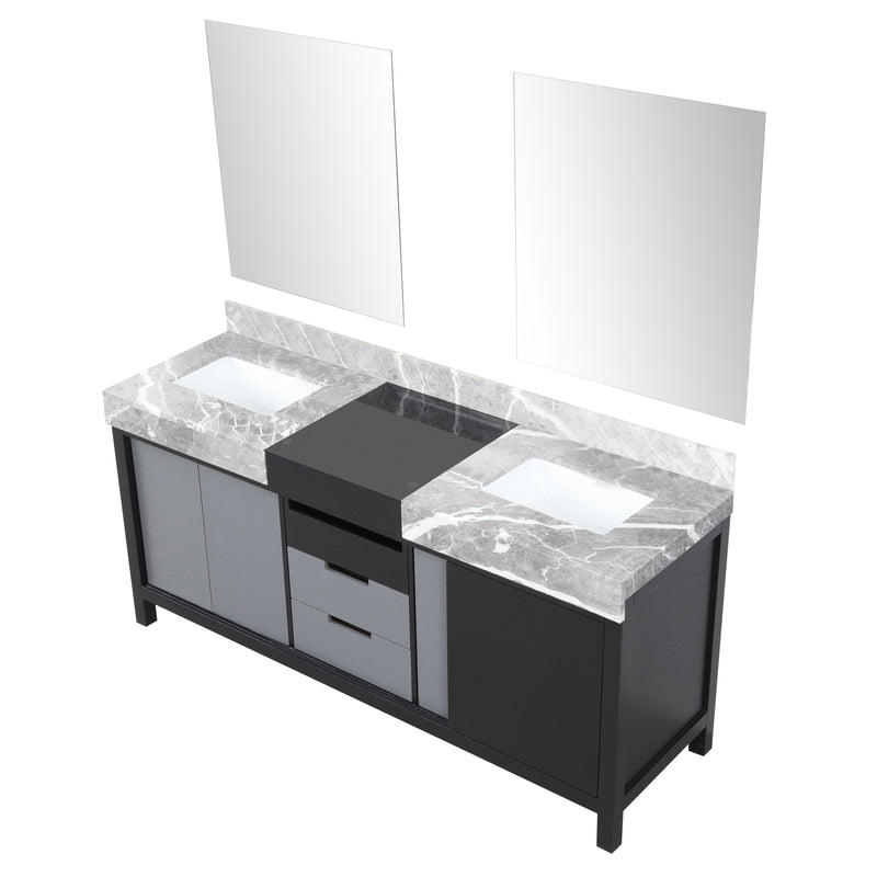 Lexora Zilara 72" Black and Grey Double Vanity, Castle Grey Marble Tops, White Square Sinks, and 28" Frameless Mirrors - LZ342272DLISM28
