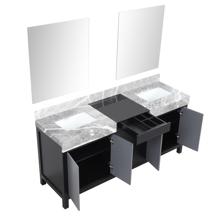 Lexora Zilara 72" Black and Grey Double Vanity, Castle Grey Marble Tops, White Square Sinks, and 28" Frameless Mirrors - LZ342272DLISM28