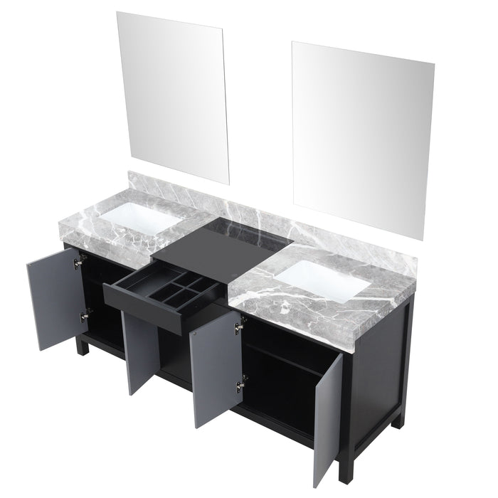 Lexora Zilara 72" Black and Grey Double Vanity, Castle Grey Marble Tops, White Square Sinks, and 28" Frameless Mirrors - LZ342272DLISM28