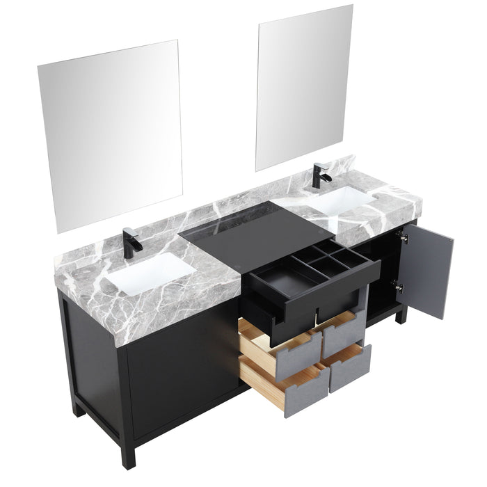 Lexora Zilara 80" Black and Grey Double Vanity, Castle Grey Marble Tops, White Square Sinks, Balzani Gun Metal Faucet Set, and 30" Frameless Mirrors- LZ342280DLISM30FBG