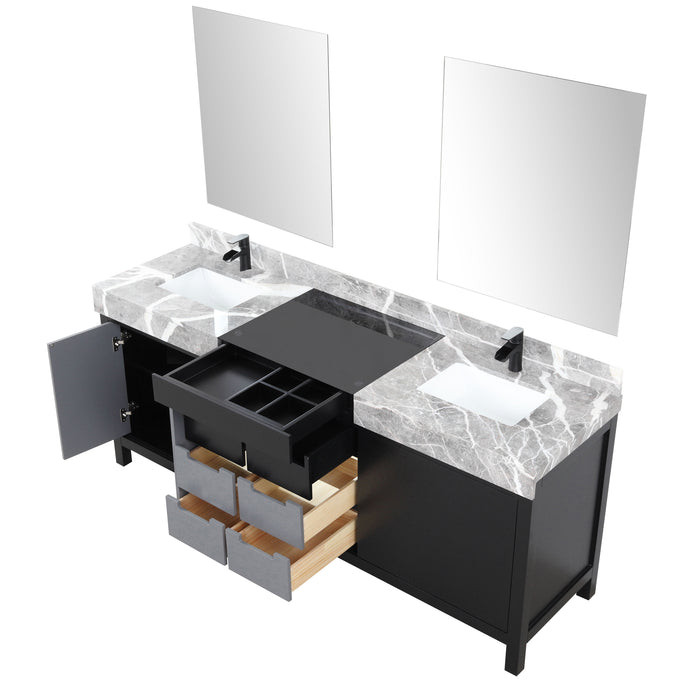 Lexora Zilara 80" Black and Grey Double Vanity, Castle Grey Marble Tops, White Square Sinks, Balzani Gun Metal Faucet Set, and 30" Frameless Mirrors- LZ342280DLISM30FBG