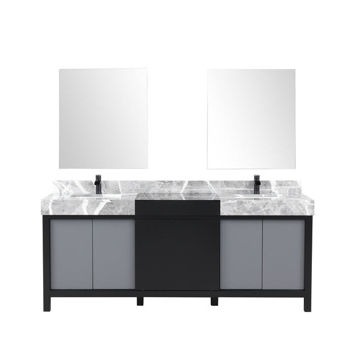 Lexora Zilara 80" Black and Grey Double Vanity, Castle Grey Marble Tops, White Square Sinks, Balzani Gun Metal Faucet Set, and 30" Frameless Mirrors- LZ342280DLISM30FBG