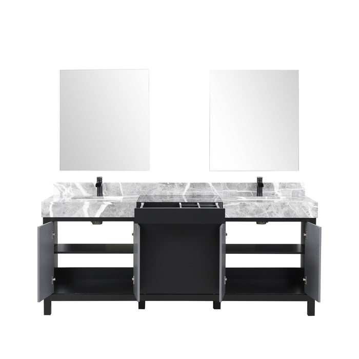 Lexora Zilara 80" Black and Grey Double Vanity, Castle Grey Marble Tops, White Square Sinks, Balzani Gun Metal Faucet Set, and 30" Frameless Mirrors- LZ342280DLISM30FBG