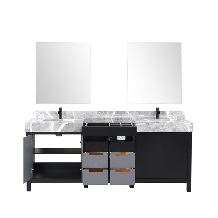 Lexora Zilara 80" Black and Grey Double Vanity, Castle Grey Marble Tops, White Square Sinks, Balzani Gun Metal Faucet Set, and 30" Frameless Mirrors- LZ342280DLISM30FBG