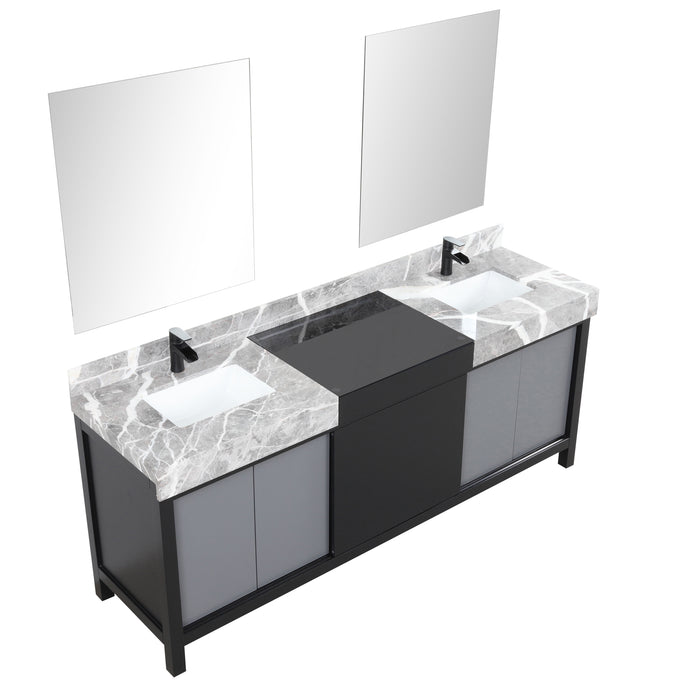 Lexora Zilara 80" Black and Grey Double Vanity, Castle Grey Marble Tops, White Square Sinks, Balzani Gun Metal Faucet Set, and 30" Frameless Mirrors- LZ342280DLISM30FBG