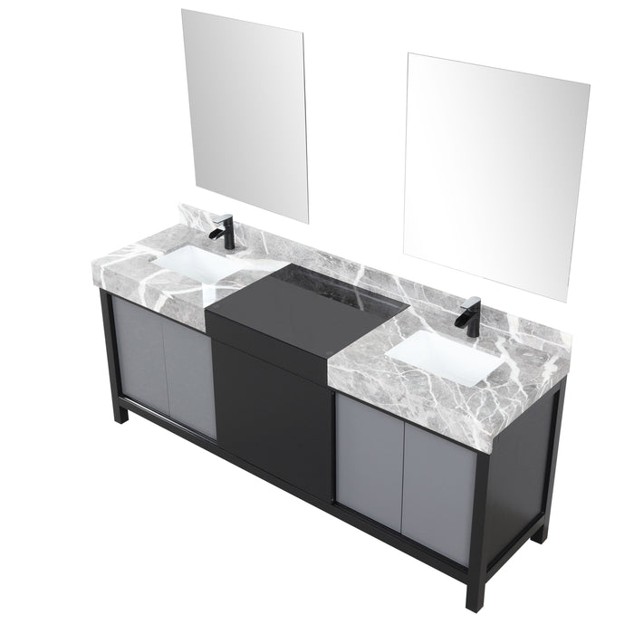 Lexora Zilara 80" Black and Grey Double Vanity, Castle Grey Marble Tops, White Square Sinks, Balzani Gun Metal Faucet Set, and 30" Frameless Mirrors- LZ342280DLISM30FBG