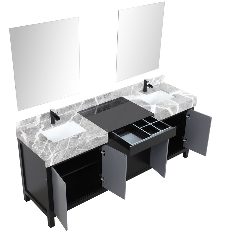 Lexora Zilara 80" Black and Grey Double Vanity, Castle Grey Marble Tops, White Square Sinks, Balzani Gun Metal Faucet Set, and 30" Frameless Mirrors- LZ342280DLISM30FBG