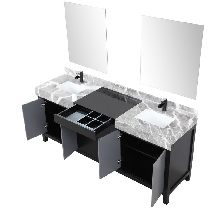 Lexora Zilara 80" Black and Grey Double Vanity, Castle Grey Marble Tops, White Square Sinks, Balzani Gun Metal Faucet Set, and 30" Frameless Mirrors- LZ342280DLISM30FBG