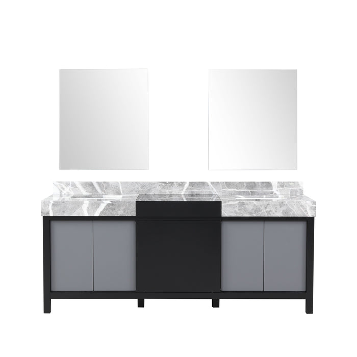 Lexora Zilara 80" Black and Grey Double Vanity, Castle Grey Marble Tops, White Square Sinks, and 30" Frameless Mirrors - LZ342280DLISM30