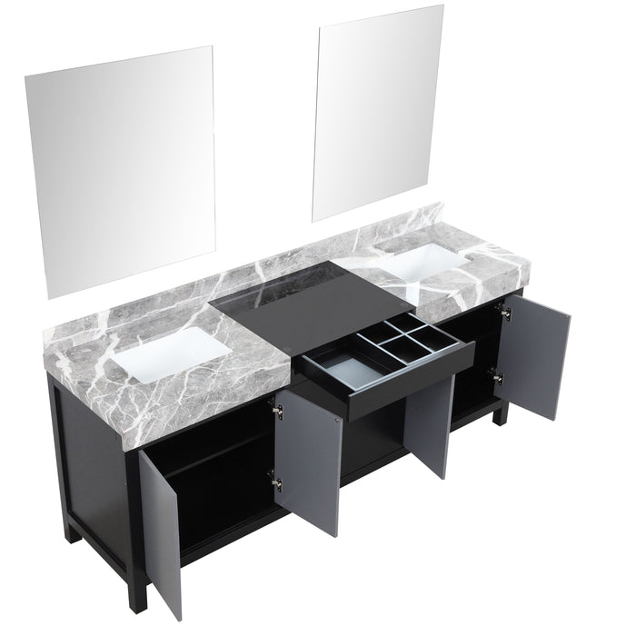 Lexora Zilara 80" Black and Grey Double Vanity, Castle Grey Marble Tops, White Square Sinks, and 30" Frameless Mirrors - LZ342280DLISM30