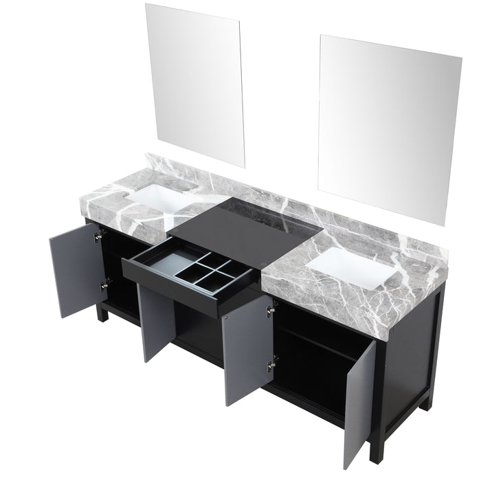 Lexora Zilara 80" Black and Grey Double Vanity, Castle Grey Marble Tops, White Square Sinks, and 30" Frameless Mirrors - LZ342280DLISM30