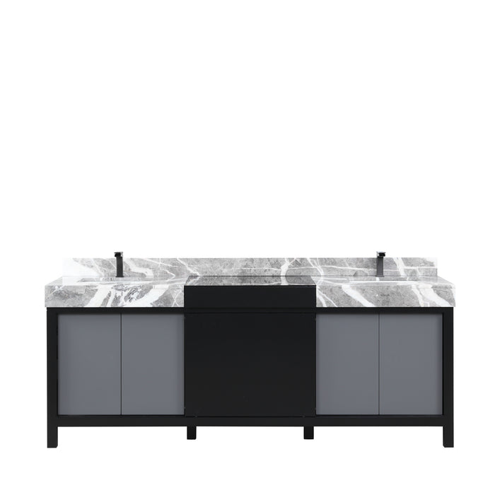 Lexora Zilara 84" Black and Grey Double Vanity, Castle Grey Marble Tops, White Square Sinks, and Balzani Gun Metal Faucet Set - LZ342284DLISFBG