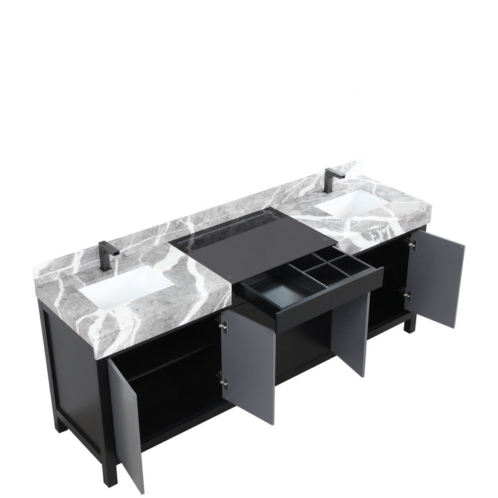 Lexora Zilara 84" Black and Grey Double Vanity, Castle Grey Marble Tops, White Square Sinks, and Balzani Gun Metal Faucet Set - LZ342284DLISFBG