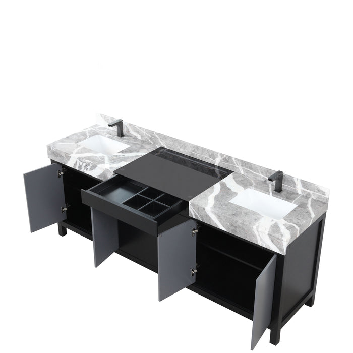 Lexora Zilara 84" Black and Grey Double Vanity, Castle Grey Marble Tops, White Square Sinks, and Balzani Gun Metal Faucet Set - LZ342284DLISFBG