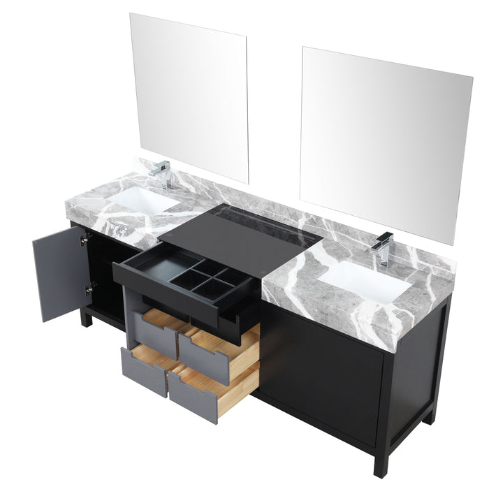 Lexora Zilara 84" Black and Grey Double Vanity, Castle Grey Marble Tops, White Square Sinks, Monte Chrome Faucet Set, and 34" Frameless Mirrors - LZ342284DLISM34FBG