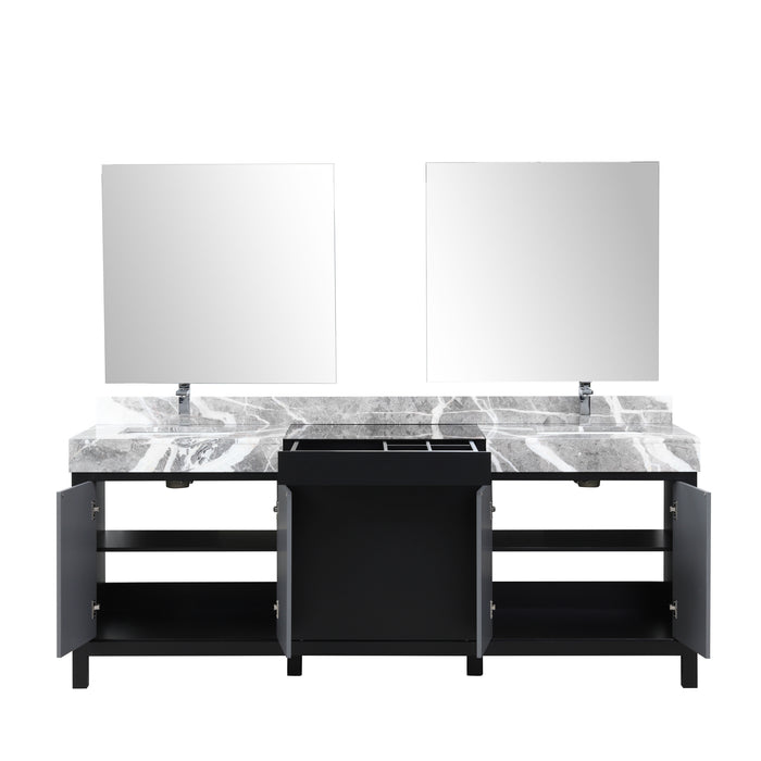 Lexora Zilara 84" Black and Grey Double Vanity, Castle Grey Marble Tops, White Square Sinks, Monte Chrome Faucet Set, and 34" Frameless Mirrors - LZ342284DLISM34FBG