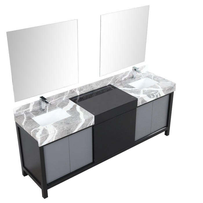 Lexora Zilara 84" Black and Grey Double Vanity, Castle Grey Marble Tops, White Square Sinks, Monte Chrome Faucet Set, and 34" Frameless Mirrors - LZ342284DLISM34FBG