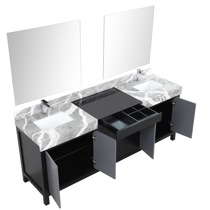 Lexora Zilara 84" Black and Grey Double Vanity, Castle Grey Marble Tops, White Square Sinks, Monte Chrome Faucet Set, and 34" Frameless Mirrors - LZ342284DLISM34FBG