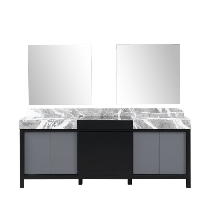 Lexora Zilara 84" Black and Grey Double Vanity, Castle Grey Marble Tops, White Square Sinks, and 34" Frameless Mirrors - LZ342284DLISM34