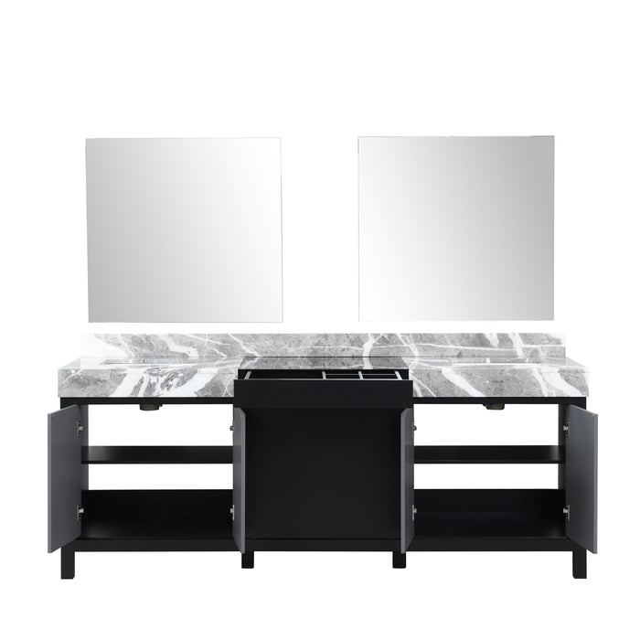 Lexora Zilara 84" Black and Grey Double Vanity, Castle Grey Marble Tops, White Square Sinks, and 34" Frameless Mirrors - LZ342284DLISM34