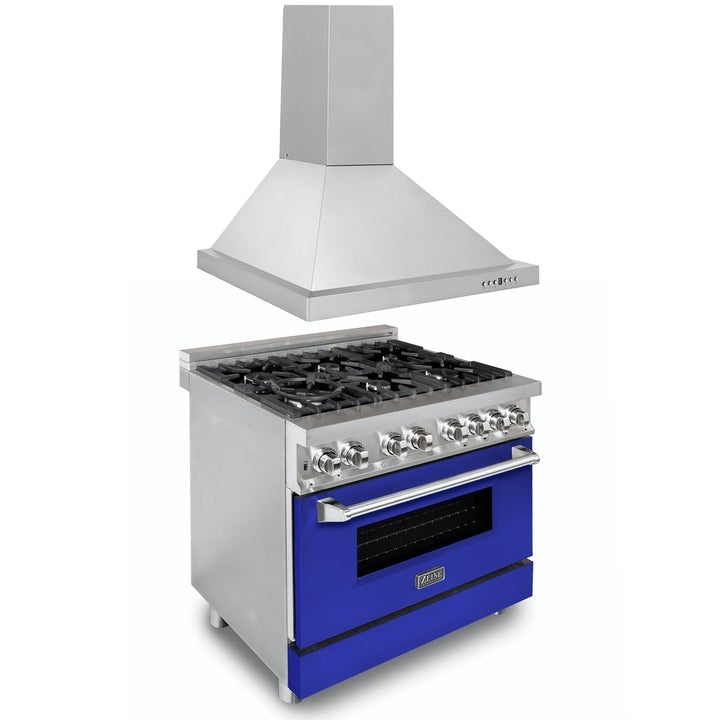 Products ZLINE Appliance Package - 36" Kitchen Package with Stainless Steel Dual Fuel Range with Blue Gloss Door and Convertible Vent Range Hood