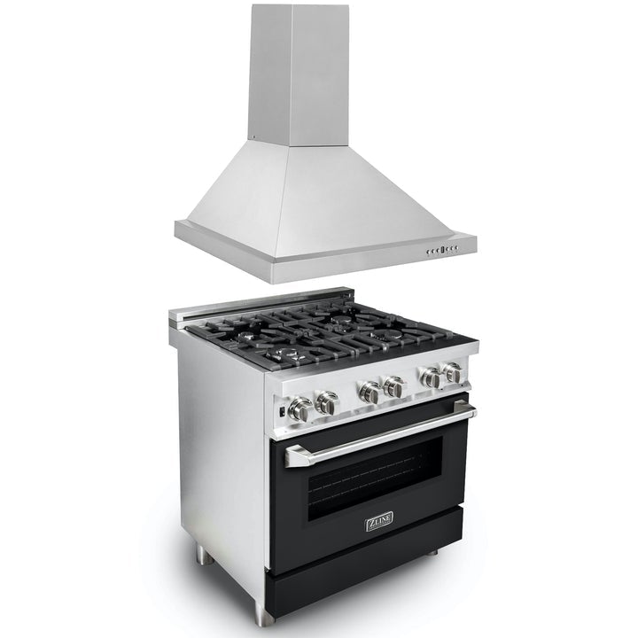 Products ZLINE Appliance Package - 30" Kitchen Package with Stainless Steel Dual Fuel Range with Black Matte Door and Convertible Vent Range Hood